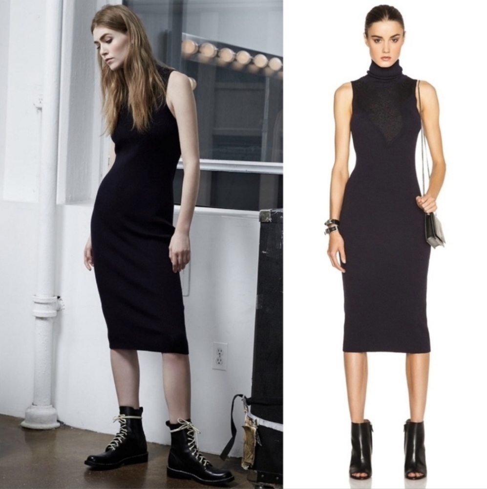 Rag & Bone Ribbed Knit Wool Blend Carolyn Dress Womens Medium Navy Blue Lace